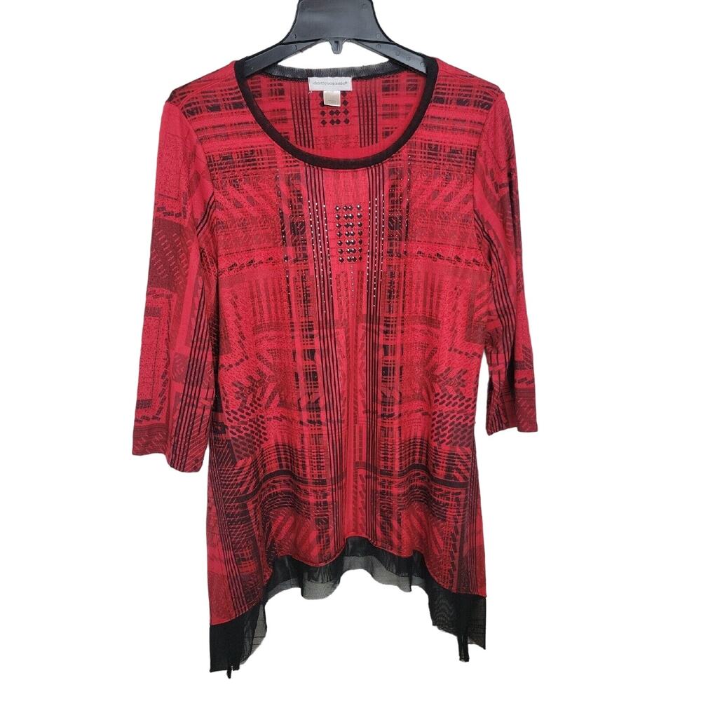 Christopher & Banks Red Abstract embellished 3/4 Sleeve Tunic Top SZ Large